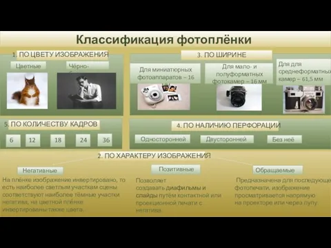 Классификация фотоплёнки 1. ПО ЦВЕТУ ИЗОБРАЖЕНИЯ 2. ПО ХАРАКТЕРУ ИЗОБРАЖЕНИЯ