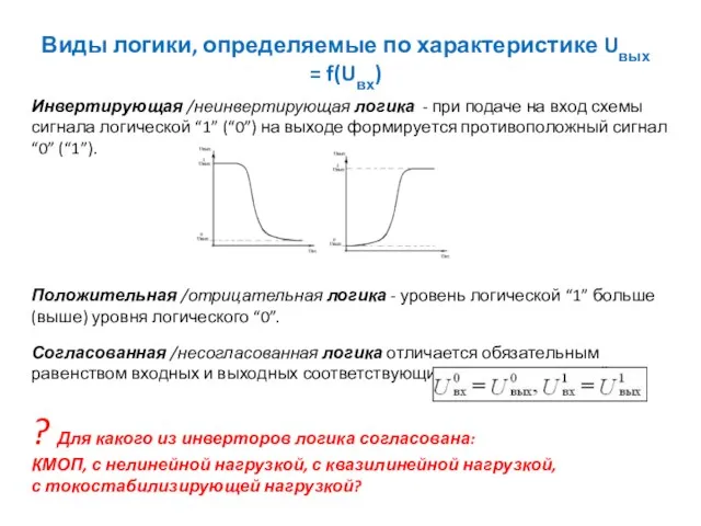 Виды логики, определяемые по характеристике Uвых = f(Uвх) Инвертирующая /неинвертирующая логика - при