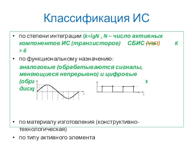 Классификация ИС по степени интеграции (k=lgN , N – число активных компонентов ИС