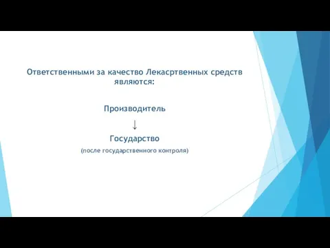 Ответственными за качество Лекасртвенных средств являются: Производитель ↓ Государство (после государственного контроля)