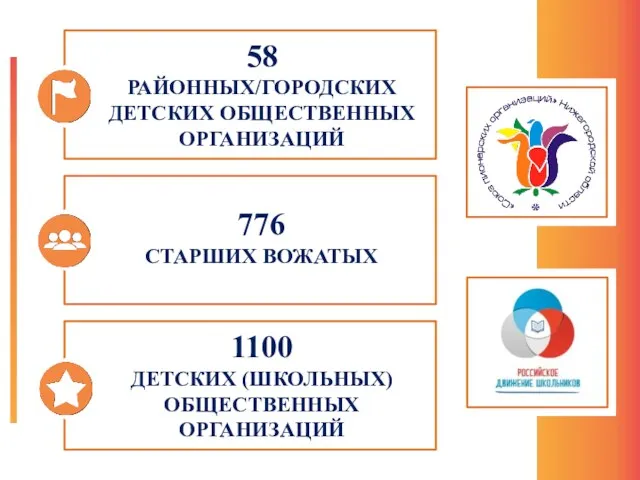 58 РАЙОННЫХ/ГОРОДСКИХ ДЕТСКИХ ОБЩЕСТВЕННЫХ ОРГАНИЗАЦИЙ 776 СТАРШИХ ВОЖАТЫХ 1100 ДЕТСКИХ (ШКОЛЬНЫХ) ОБЩЕСТВЕННЫХ ОРГАНИЗАЦИЙ