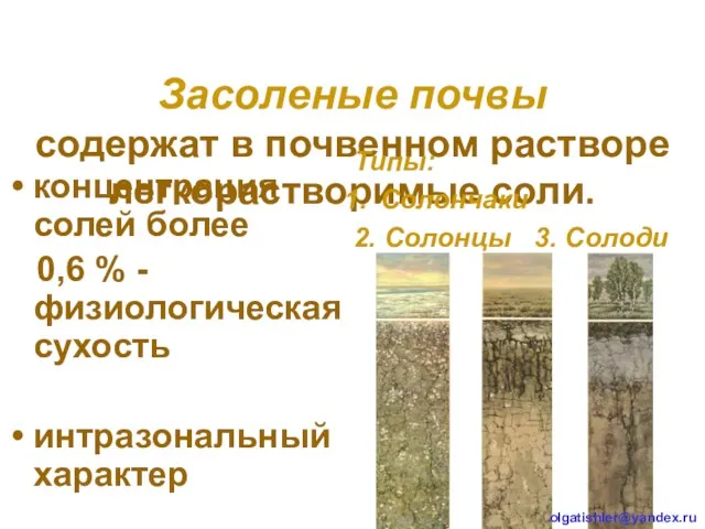 Засоленые почвы содержат в почвенном растворе легкорастворимые соли. концентрация солей