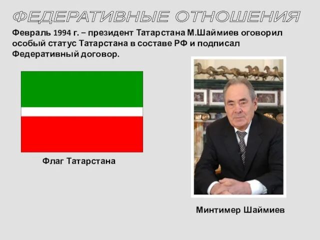 Февраль 1994 г. – президент Татарстана М.Шаймиев оговорил особый статус