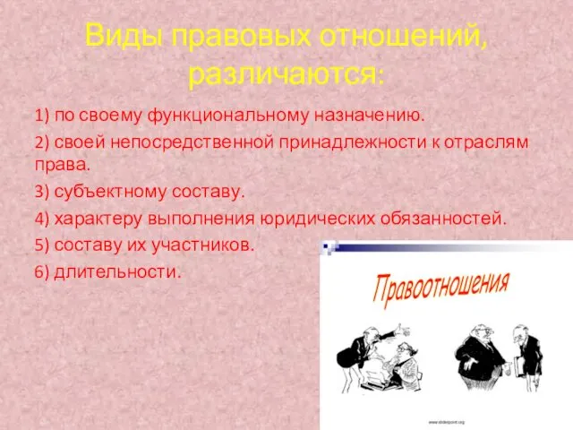 Виды правовых отношений, различаются: 1) по своему функциональному назначению. 2)