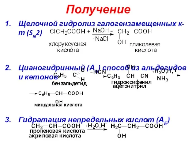 Получение Щелочной гидролиз галогензамещенных к-т (SN2) Цианогидринный (АN) способ из