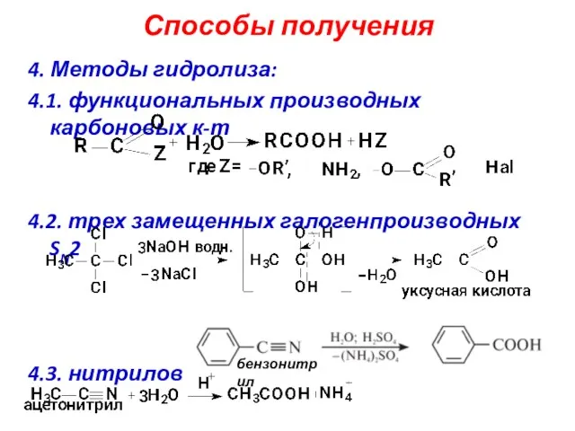 Способы получения 4. Методы гидролиза: 4.1. функциональных производных карбоновых к-т