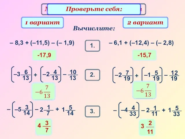 Математический диктант -17,9 Вычислите: 1 вариант 2 вариант – 8,3