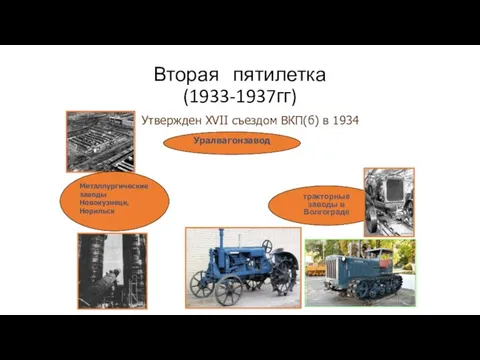 Вторая пятилетка (1933-1937гг) тракторные заводы в Волгограде Утвержден XVII съездом