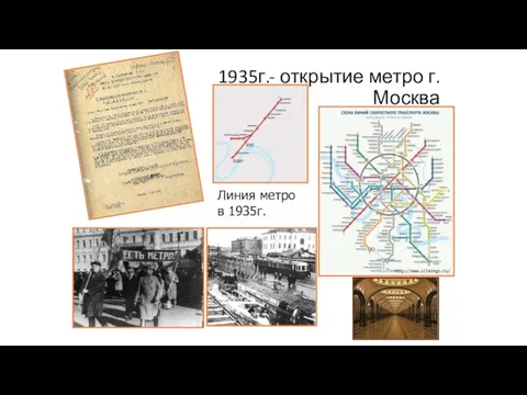1935г.- открытие метро г. Москва Линия метро в 1935г.