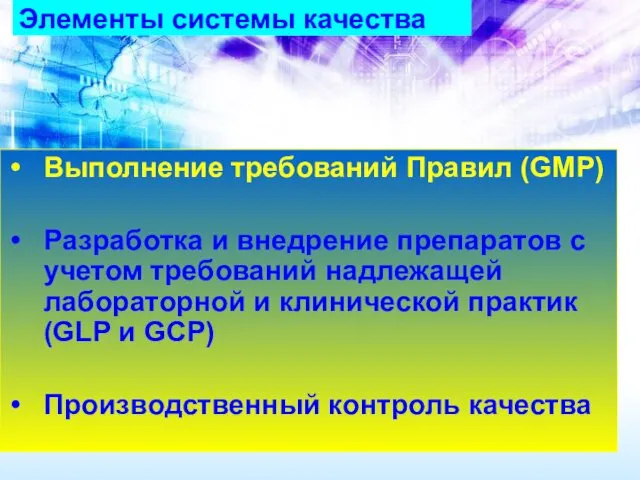 Элементы системы качества Выполнение требований Правил (GMP) Разработка и внедрение