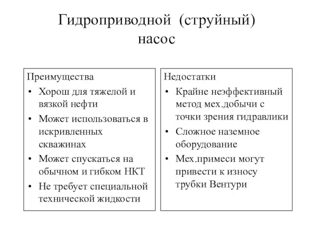 Гидроприводной (струйный) насос Преимущества Хорош для тяжелой и вязкой нефти