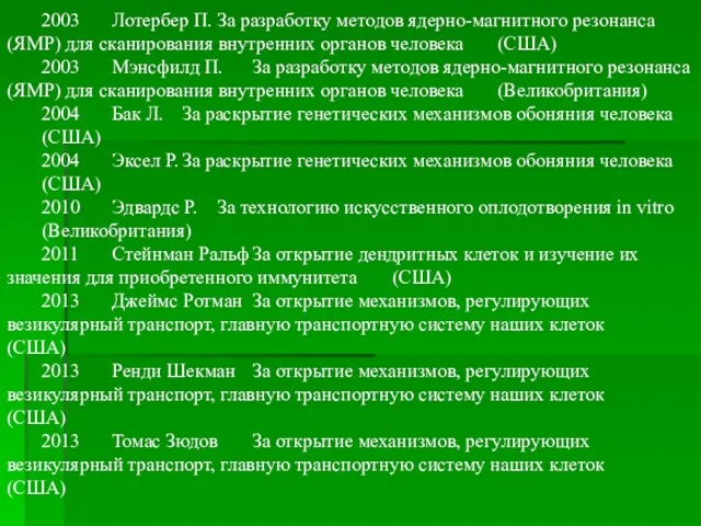 2003 Лотербер П. За разработку методов ядерно-магнитного резонанса (ЯМР) для