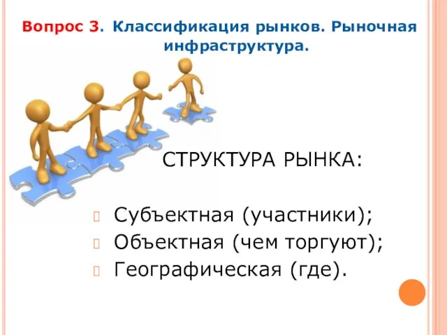 Вопрос 3. Классификация рынков. Рыночная инфраструктура. СТРУКТУРА РЫНКА: Субъектная (участники); Объектная (чем торгуют); Географическая (где).