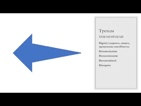 Тренды поглотители Digital ( скорость, память, пропускная способность) Demonetization Democratization Dematerialized Disruptive