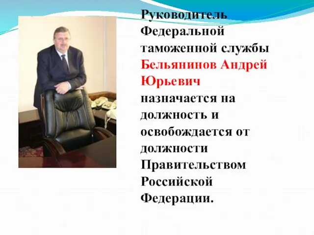 Руководитель Федеральной таможенной службы Бельянинов Андрей Юрьевич назначается на должность