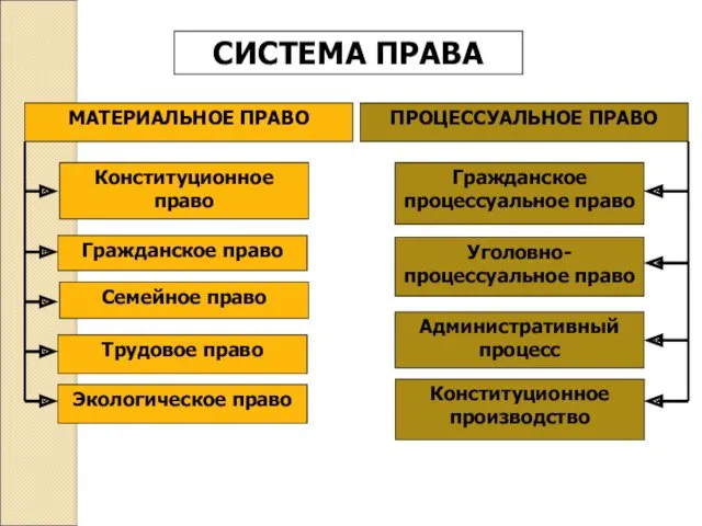 СИСТЕМА ПРАВА МАТЕРИАЛЬНОЕ ПРАВО ПРОЦЕССУАЛЬНОЕ ПРАВО Конституционное право Гражданское право