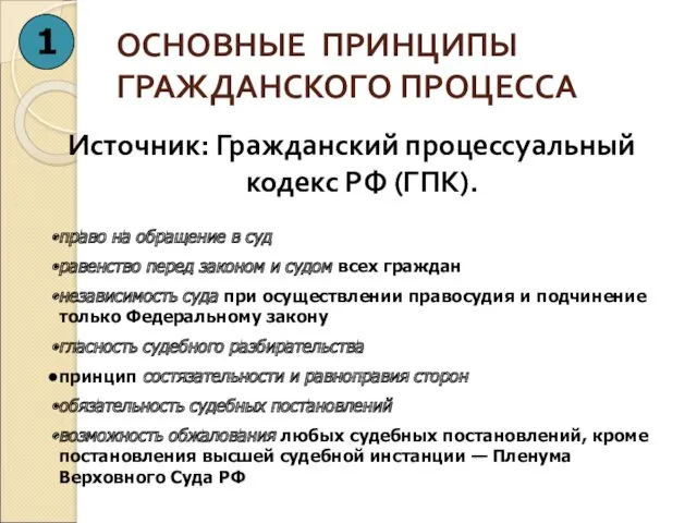 ОСНОВНЫЕ ПРИНЦИПЫ ГРАЖДАНСКОГО ПРОЦЕССА Источник: Гражданский процессуальный кодекс РФ (ГПК).