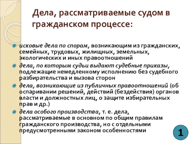 Дела, рассматриваемые судом в гражданском процессе: исковые дела по спорам,