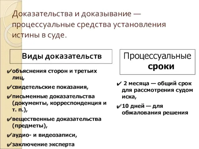 Доказательства и доказывание — процессуальные средства установления истины в суде.