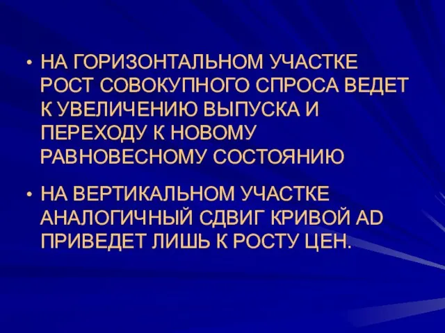 НА ГОРИЗОНТАЛЬНОМ УЧАСТКЕ РОСТ СОВОКУПНОГО СПРОСА ВЕДЕТ К УВЕЛИЧЕНИЮ ВЫПУСКА