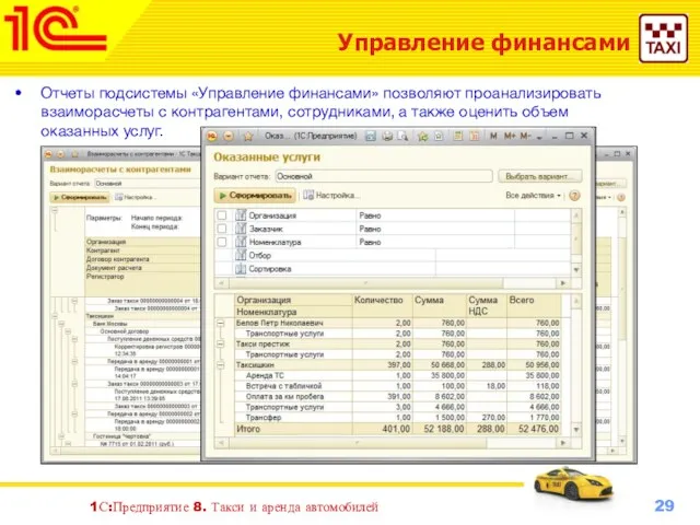 1С:Предприятие 8. Такси и аренда автомобилей Управление финансами Отчеты подсистемы «Управление финансами» позволяют