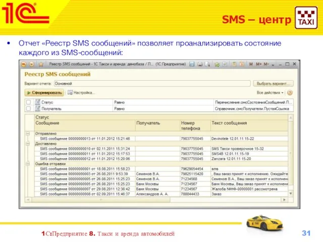 1С:Предприятие 8. Такси и аренда автомобилей SMS – центр Отчет «Реестр SMS сообщений»