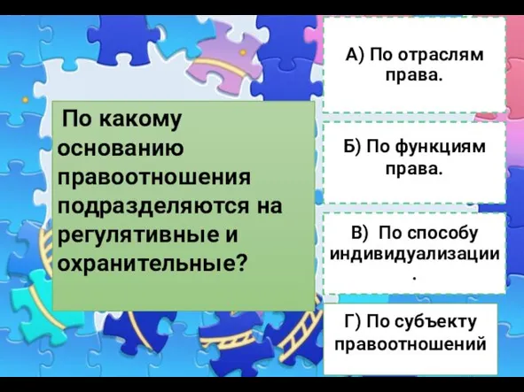 А) По отраслям права. Б) По функциям права. В) По