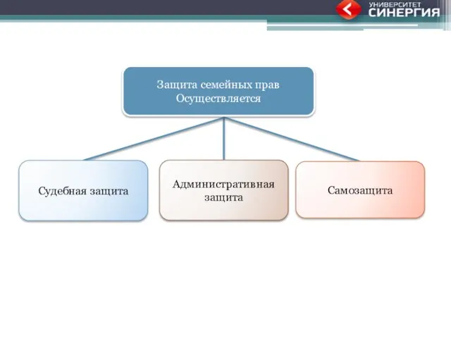 Судебная защита Административная защита Самозащита Защита семейных прав Осуществляется