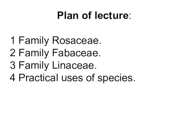 Plan of lecture: 1 Family Rosaceae. 2 Family Fabaceae. 3