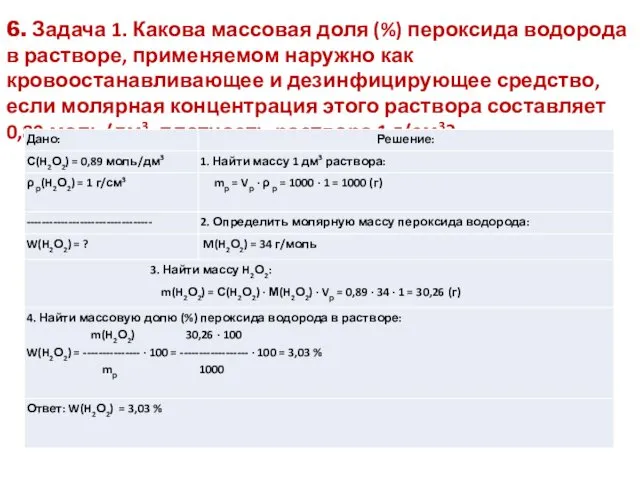 6. Задача 1. Какова массовая доля (%) пероксида водорода в