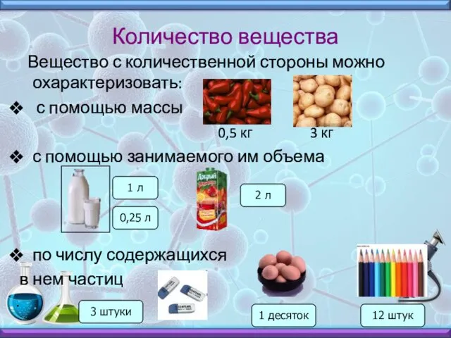 Количество вещества Вещество с количественной стороны можно охарактеризовать: с помощью