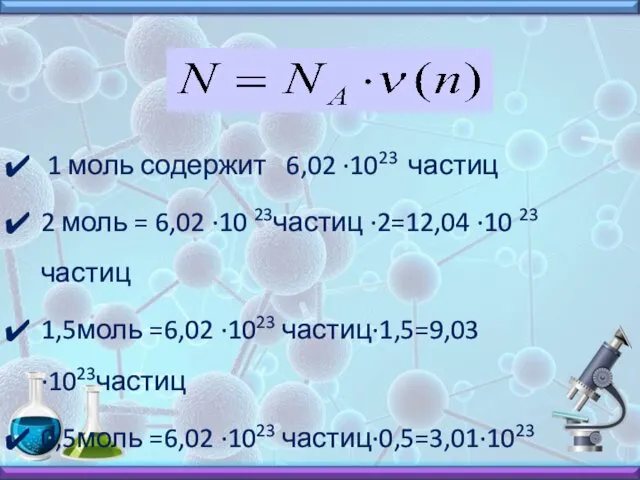 1 моль содержит 6,02 ·1023 частиц 2 моль = 6,02