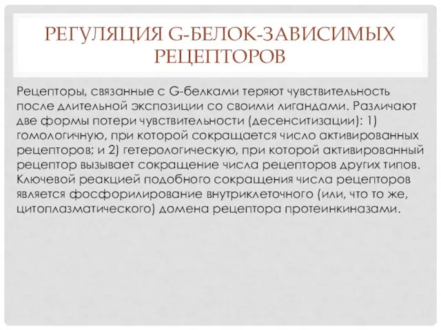 РЕГУЛЯЦИЯ G-БЕЛОК-ЗАВИСИМЫХ РЕЦЕПТОРОВ Рецепторы, связанные с G-белками теряют чувствительность после