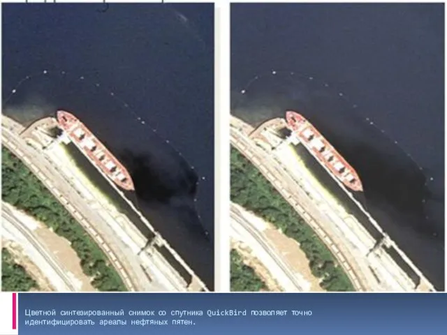 Цветной синтезированный снимок со спутника QuickBird позволяет точно идентифицировать ареалы нефтяных пятен.