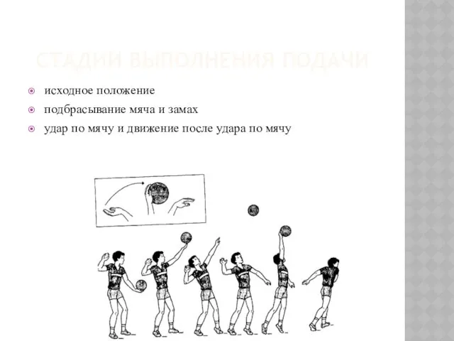 СТАДИИ ВЫПОЛНЕНИЯ ПОДАЧИ исходное положение подбрасывание мяча и замах удар