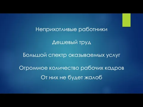 Неприхотливые работники Дешевый труд Большой спектр оказываемых услуг Огромное количество