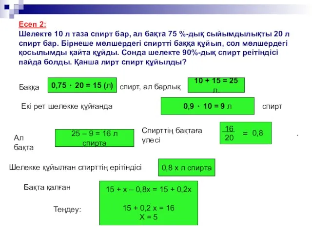 Есеп 2: Шелекте 10 л таза спирт бар, ал бақта