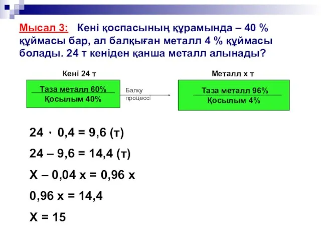 Мысал 3: Кені қоспасының құрамында – 40 % құймасы бар,