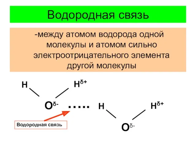 Водородная связь -между атомом водорода одной молекулы и атомом сильно электроотрицательного элемента другой