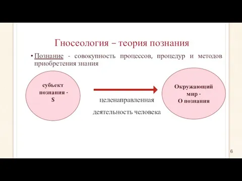 Гносеология – теория познания Познание - совокупность процессов, процедур и