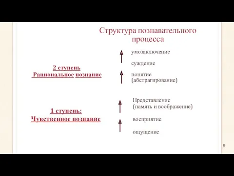 Структура познавательного процесса 2 ступень Рациональное познание Представление (память и