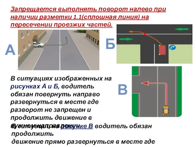 Запрещается выполнять поворот налево при наличии разметки 1.1(сплошная линия) на