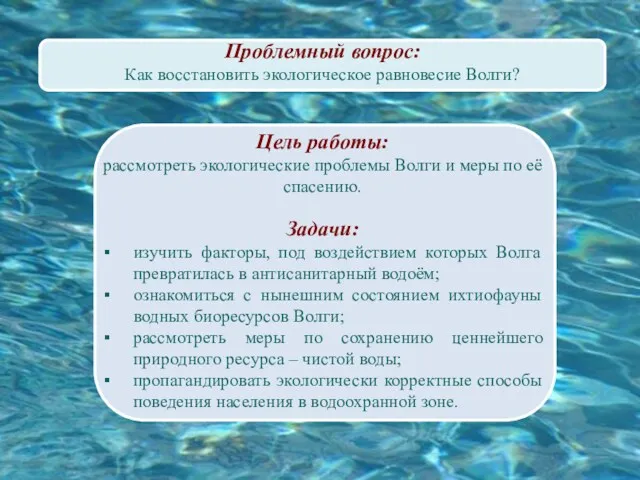 Цель работы: рассмотреть экологические проблемы Волги и меры по её