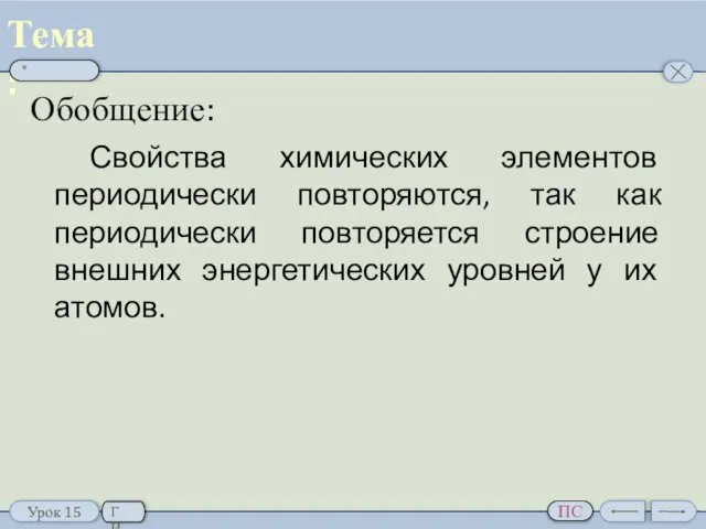 Обобщение: Периодическое изменение свойств элементов. Свойства химических элементов периодически повторяются,