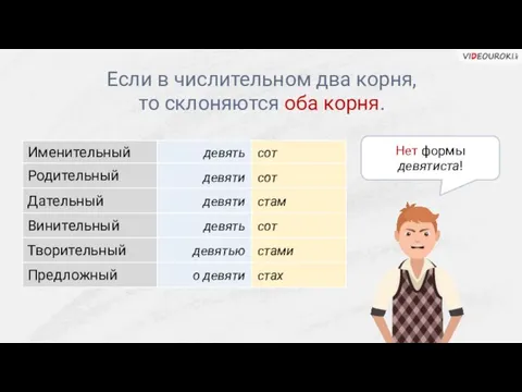 Если в числительном два корня, то склоняются оба корня. девять