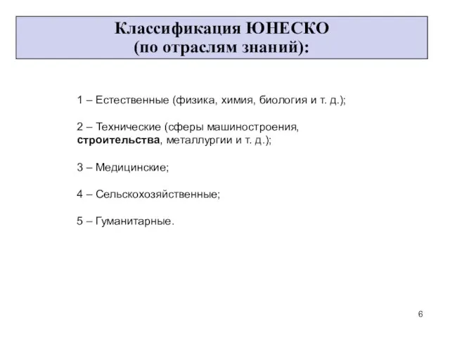 Классификация ЮНЕСКО (по отраслям знаний): 1 – Естественные (физика, химия,