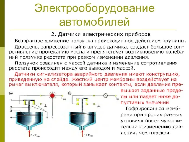 Электрооборудование автомобилей 2. Датчики электрических приборов Возвратное движение ползунка происходит