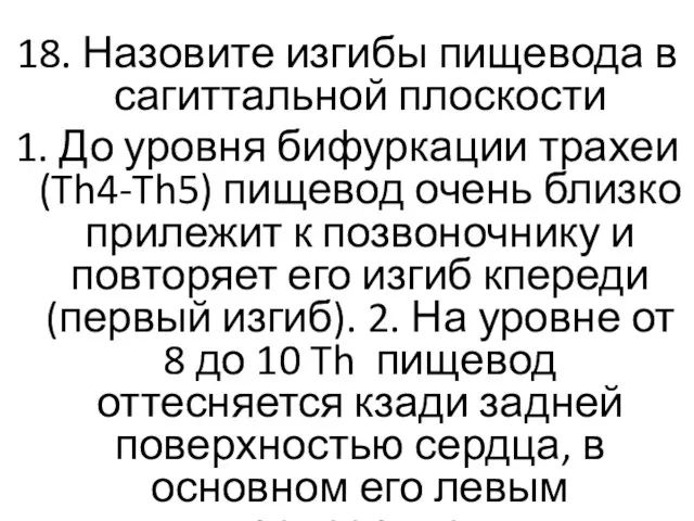 18. Назовите изгибы пищевода в сагиттальной плоскости 1. До уровня