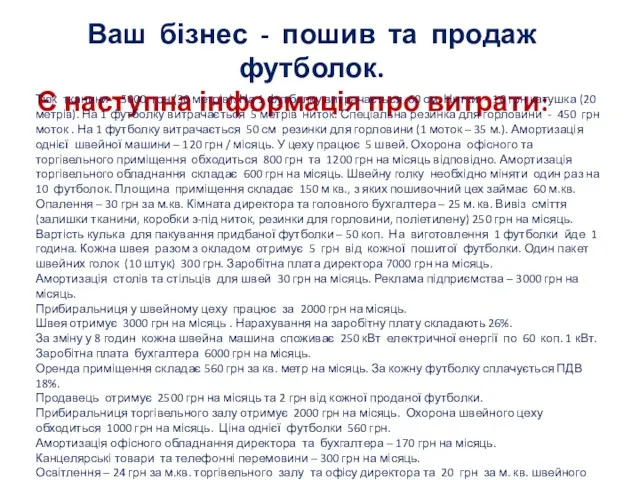 Ваш бізнес - пошив та продаж футболок. Є наступна інформація