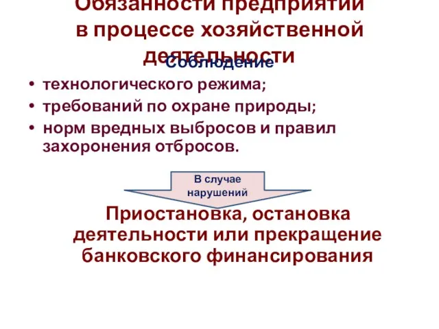 Обязанности предприятий в процессе хозяйственной деятельности Соблюдение технологического режима; требований